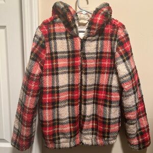 Old Navy Girls Sz Med 8 Red Check Plaid Cozy Full Zip Hooded Jacket w/Pockets